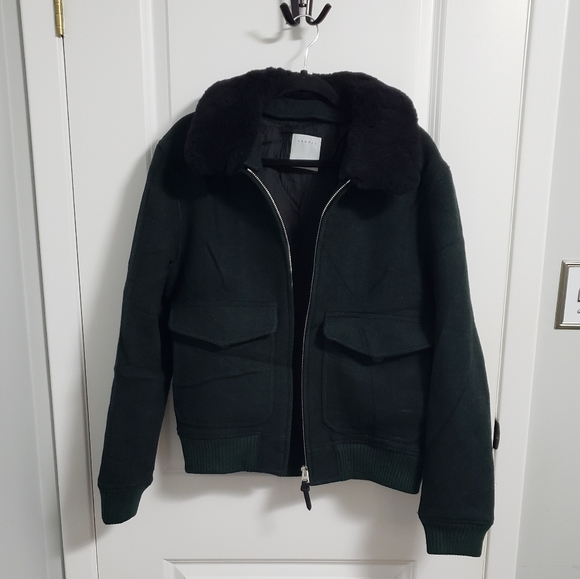 SANDRO Shearling Trim Collar Green Herringbone Wool Aviator Jacket - Picture 5 of 16